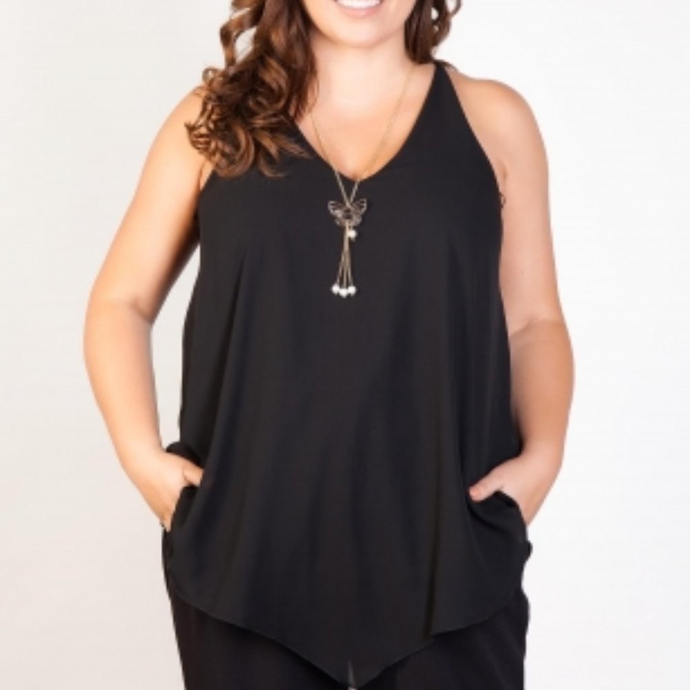 Black Tank Blouse Sheer with Lining & Necklace